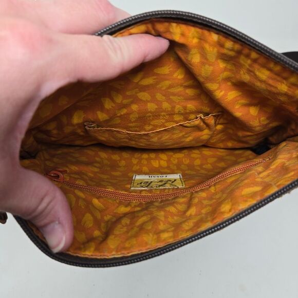 FOSSIL Brown Floral Quilted Leather Trim Crossbody Shoulder Bag Key-per Y2K - Picture 10 of 14